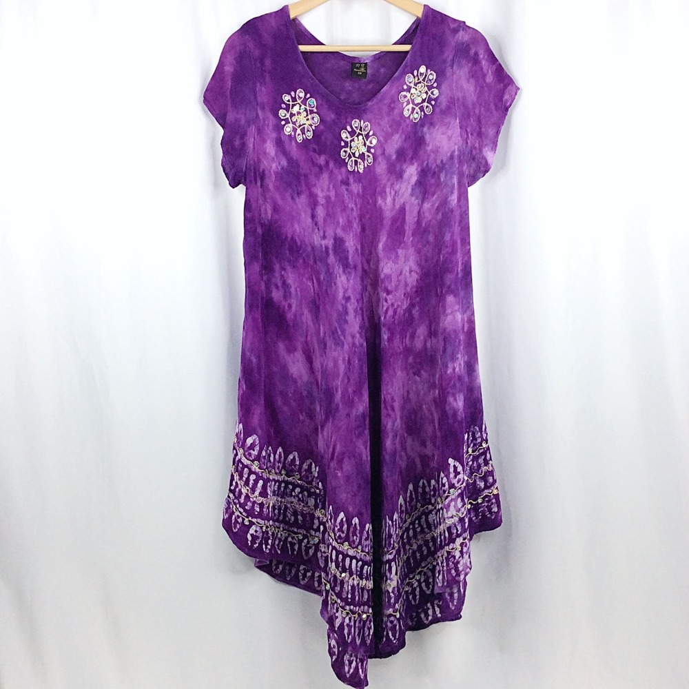 Riviera Sun Tie Dye Sequin Embroidered Asymmetrical Dress 2X Purple Cover Up